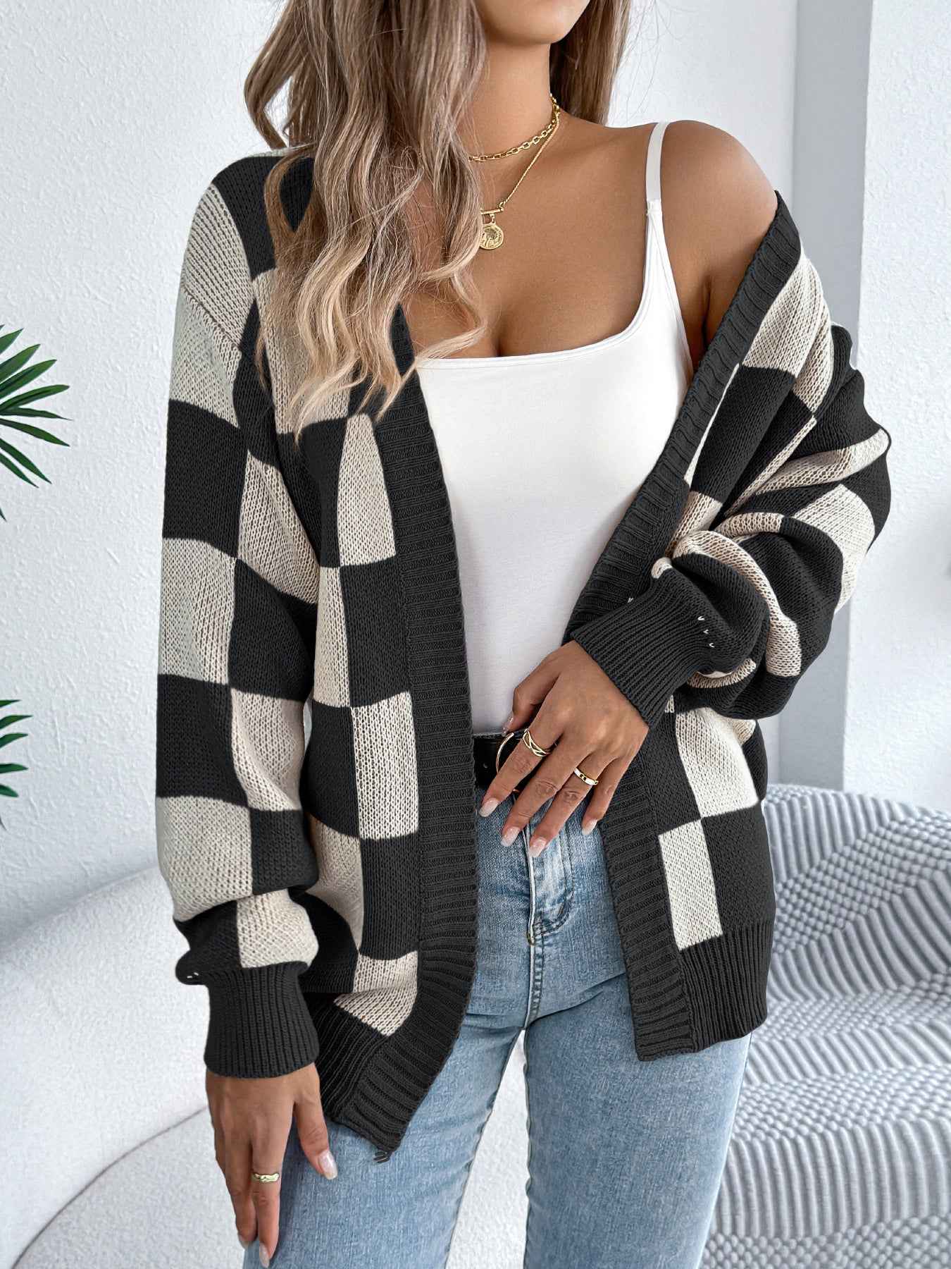 Sarah Express Women's Color Block Plaid Cardigan Sweater - Lantern Sleeve Mid-Length Knit Coat