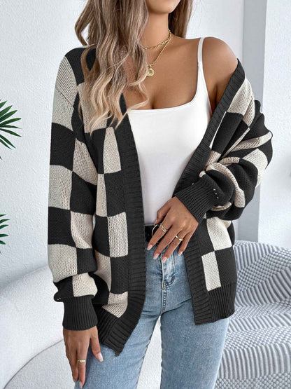 Sarah Express Women's Color Block Plaid Cardigan Sweater - Lantern Sleeve Mid-Length Knit Coat