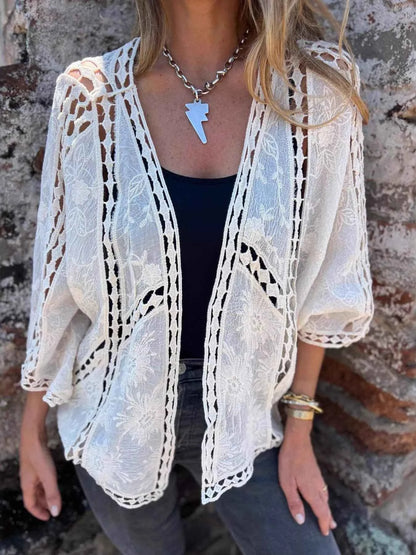 Sarah Express Women's Embroidered Lace Open Front Cardigan Plus Size Off-white