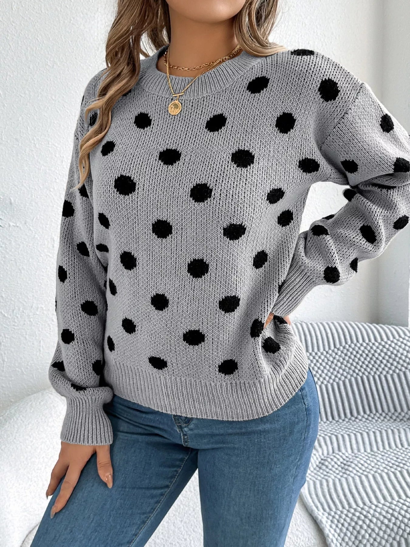 Sarah Express Women's Polka Dot Round Neck Sweater