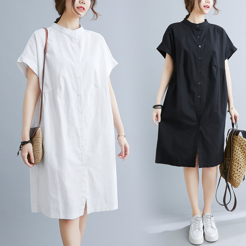 Sarah Express Women's Cotton Linen Stand Collar Loose Fit Dress