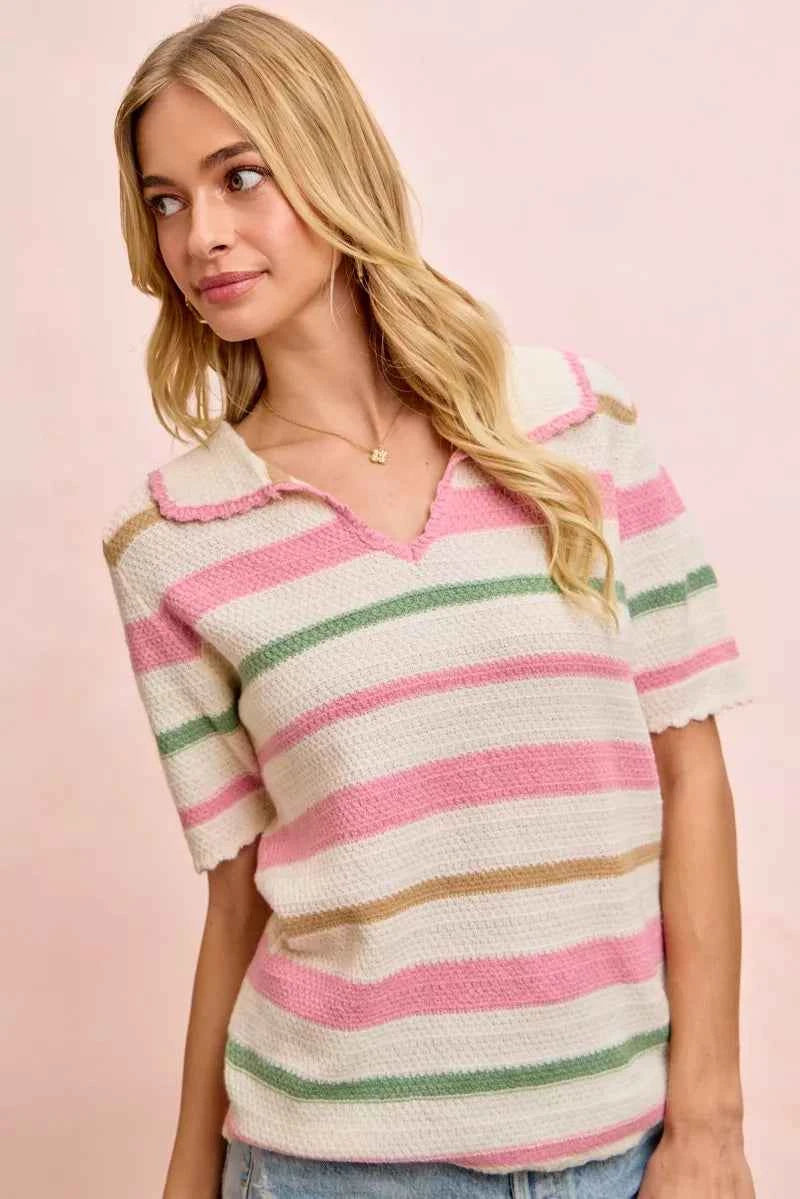 Sarah Express Women's Multi Color Striped Collared Knit Top - Ribbed Preppy Sweater