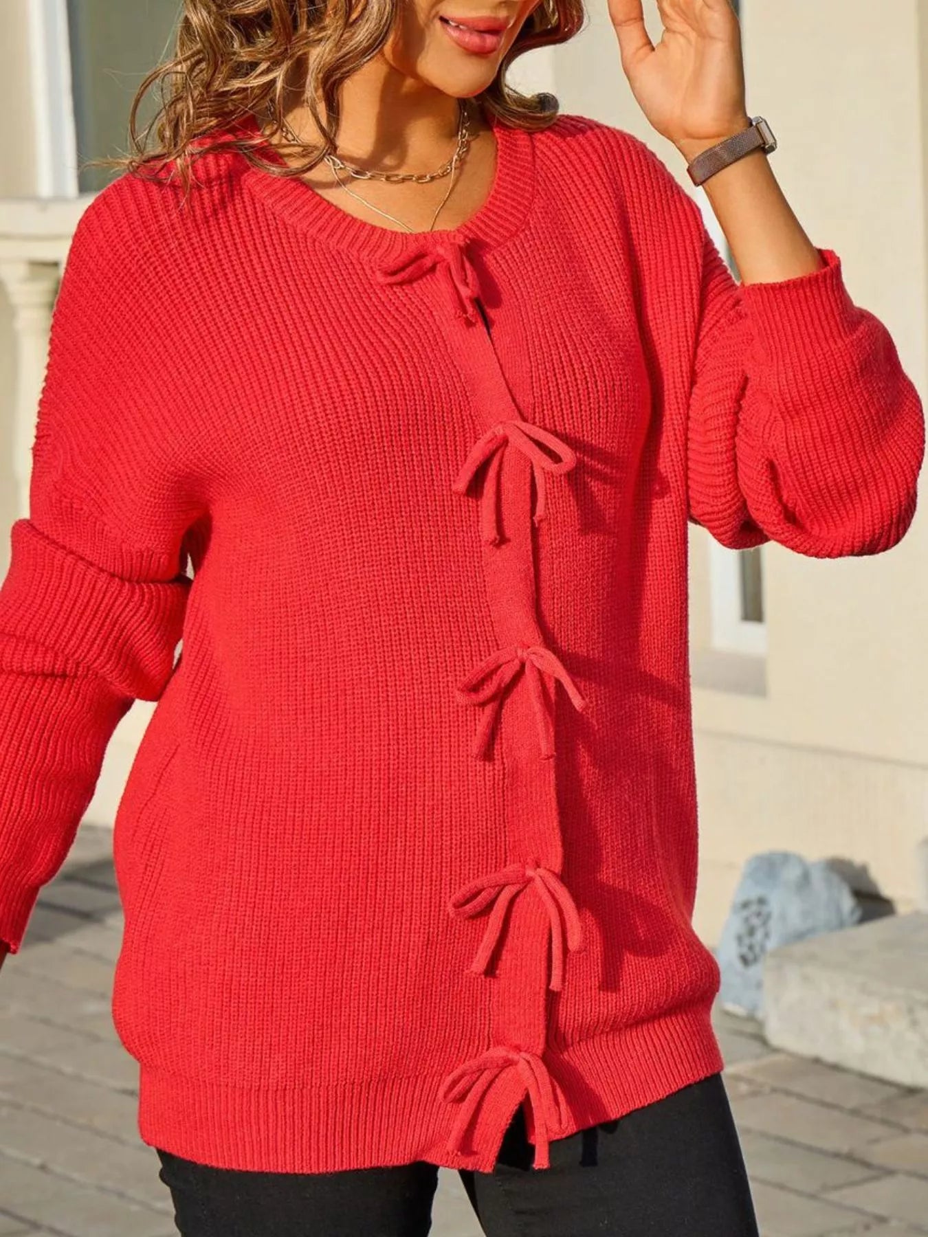 Sarah Express Women's Ribbed Knit Bow-Tie Cardigan - Premium Button-Up Sweater