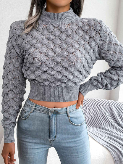 Sarah Express Women's 3D Diamond Knit Long Sleeve Cropped Sweater