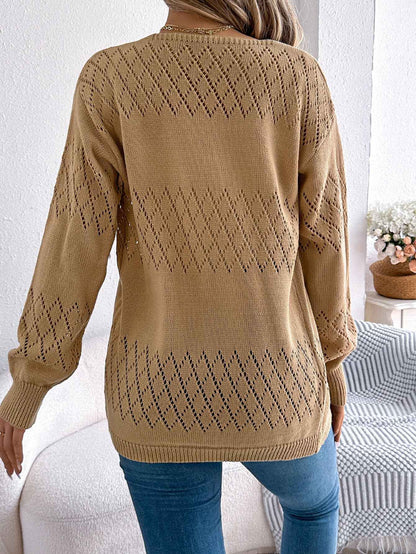 Sarah Express Women's Hollow Out Lantern Sleeve Cardigan Sweater - Mid-Length Knit