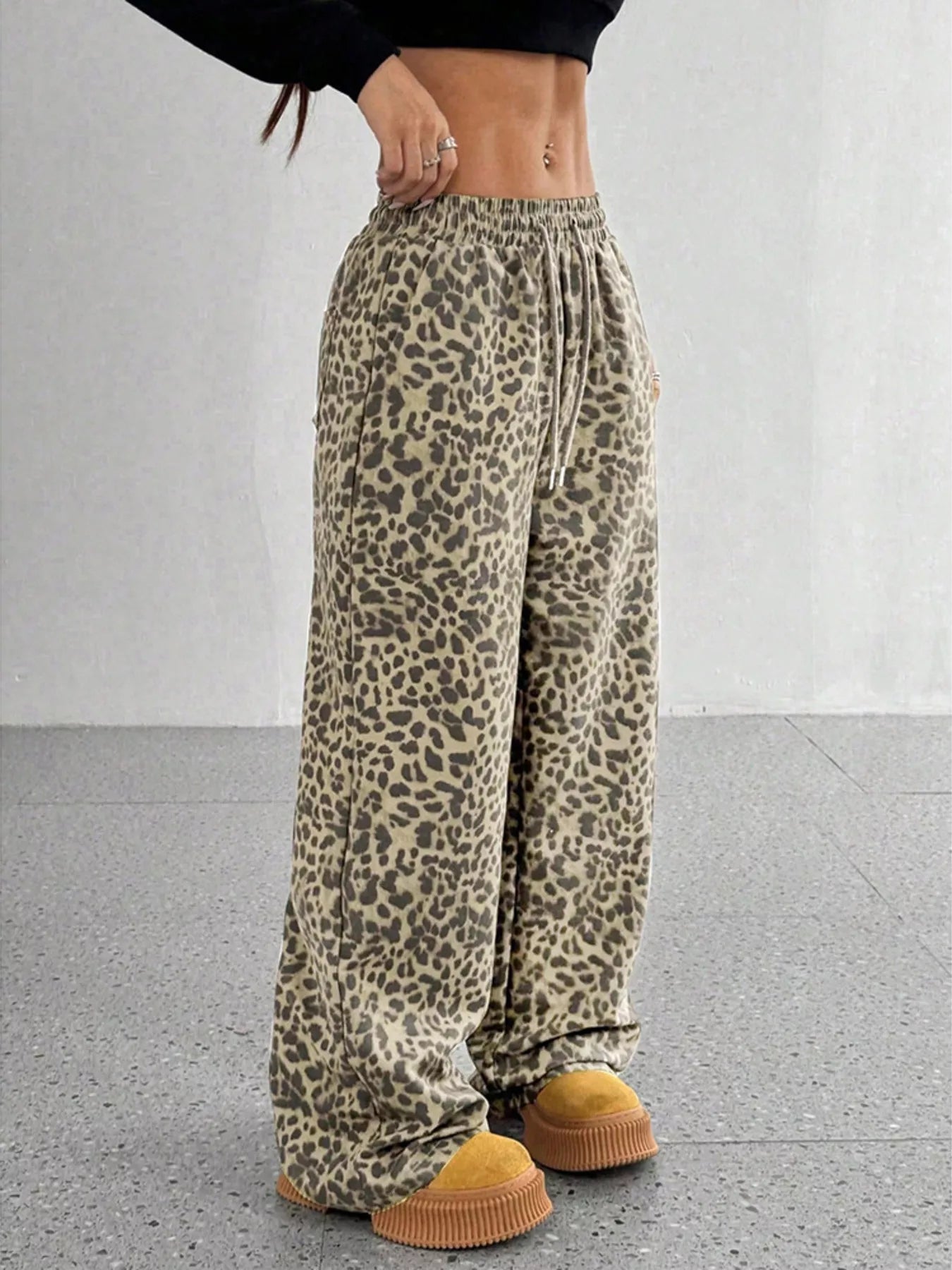 Sarah Express Women's Leopard Print Wide Leg Pants - Drawstring Casual Bottoms