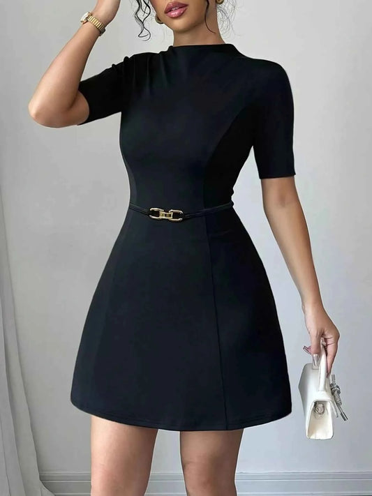 Sarah Express Women's Mock Neck Short Sleeve Mini Dress - Belted Button Front Polyester Dress