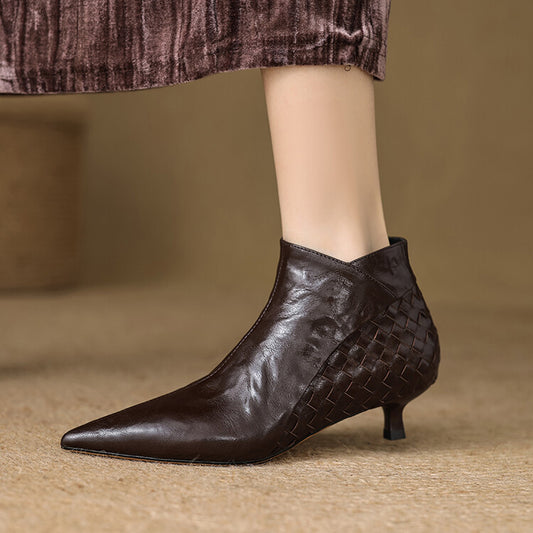 Sarah Express Women's Woven Full-Grain Sheepskin Ankle Boots | Pointed Toe Side Zipper Low Heel