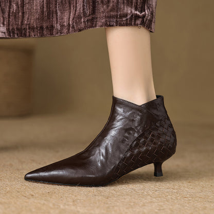 Sarah Express Women's Woven Full-Grain Sheepskin Ankle Boots | Pointed Toe Side Zipper Low Heel Brown Single