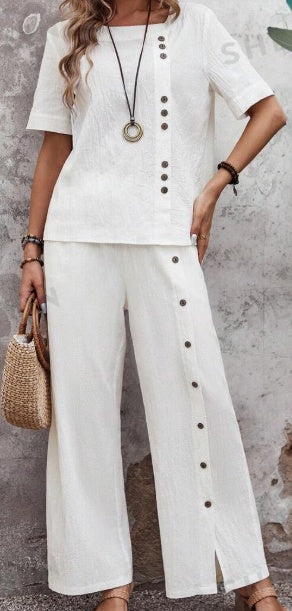 Sarah Express Women's Cotton Button-Down Shirt Pants Two-Piece Suit Set Loose Fit