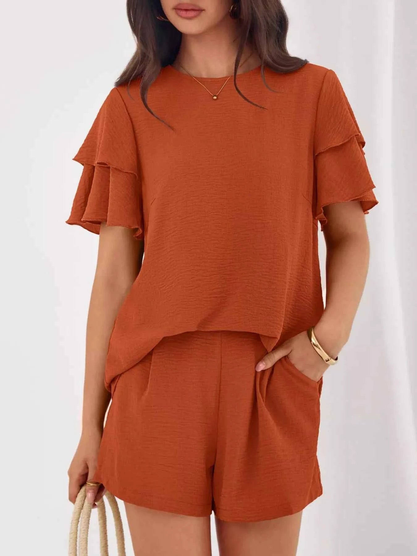 Sarah Express Women's Ruffle Sleeve Top and Shorts Two-Piece Set - Casual Summer Outfit