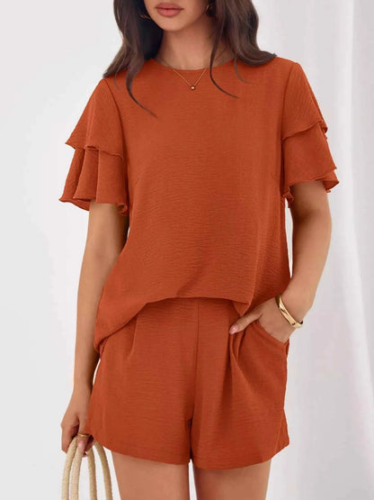 Sarah Express Women's Ruffle Sleeve Top and Shorts Two-Piece Set - Casual Summer Outfit