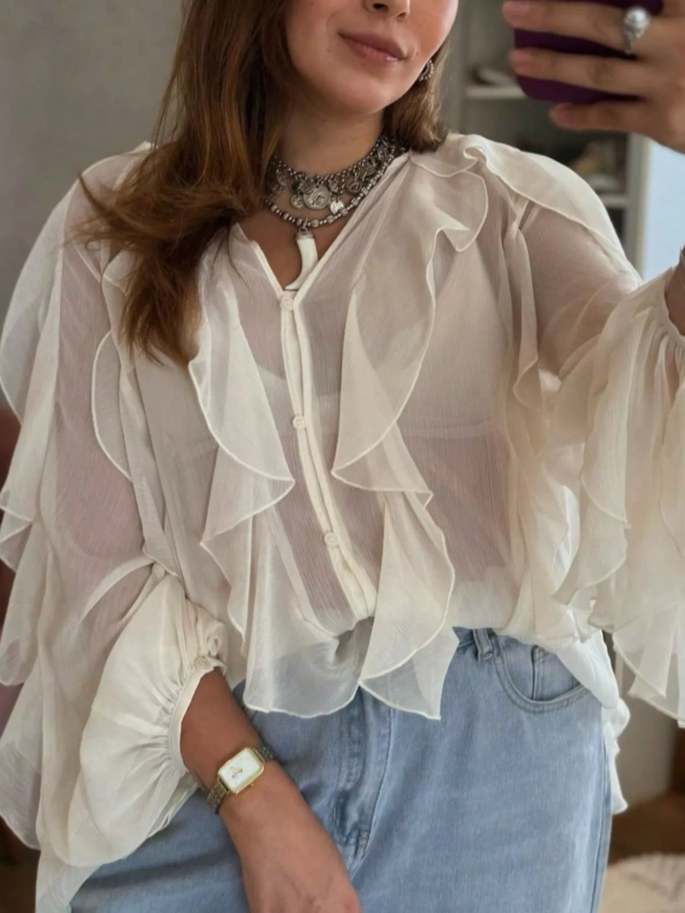 Sarah Express Women's Ruffled Sheer Long Sleeve Blouse Beige