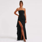 Strapless Pleated Maxi Dress Backless Split A-Line Wedding Party