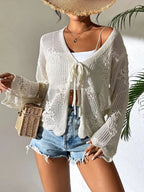 Sarah Express Women's Crochet Knit Tie-Front Cardigan White