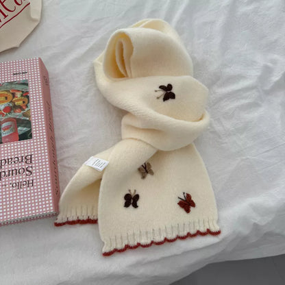 Sarah Express Women's Butterfly Embroidered Knitted Scarf - Soft Polyester Winter Wrap Milky White ONESIZE