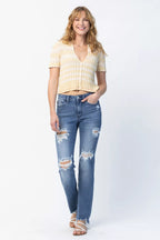 Sarah Express Women’s Plus Size Distressed Mid Rise Straight Jeans
