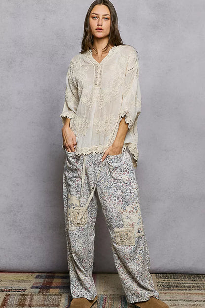 Sarah Express Women's V-Neck Floral Embroidered Crochet Top with Trim Edge