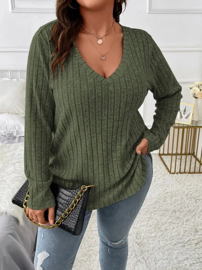Sarah Express Women's Plus Size V-Neck Long Sleeve T-Shirt Army Green