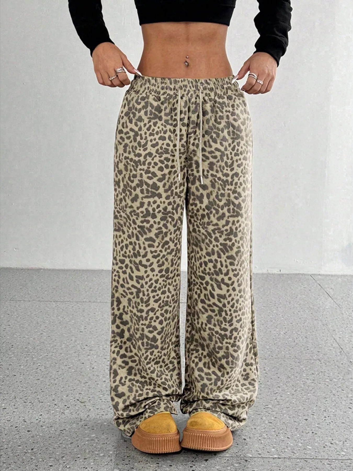 Sarah Express Women's Leopard Print Wide Leg Pants - Drawstring Casual Bottoms