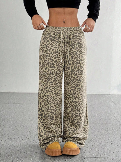 Sarah Express Women's Leopard Print Wide Leg Pants - Drawstring Casual Bottoms