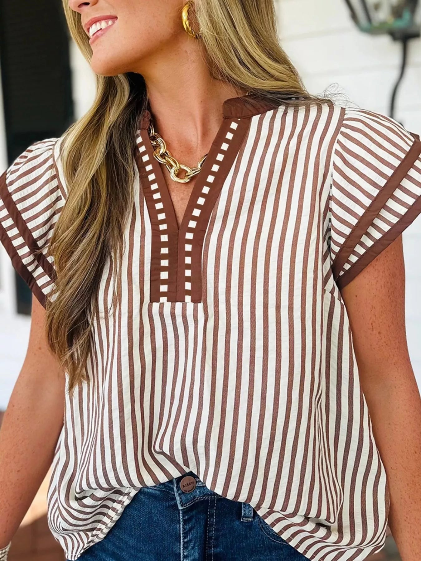 Sarah Express Women's Striped Notched Ruffled Sleeve Blouse