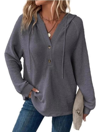 Sarah Express Women's Button Detail Waffle Knit Hoodie - Plus Size Drawstring Pullover with Pockets Dark Gray