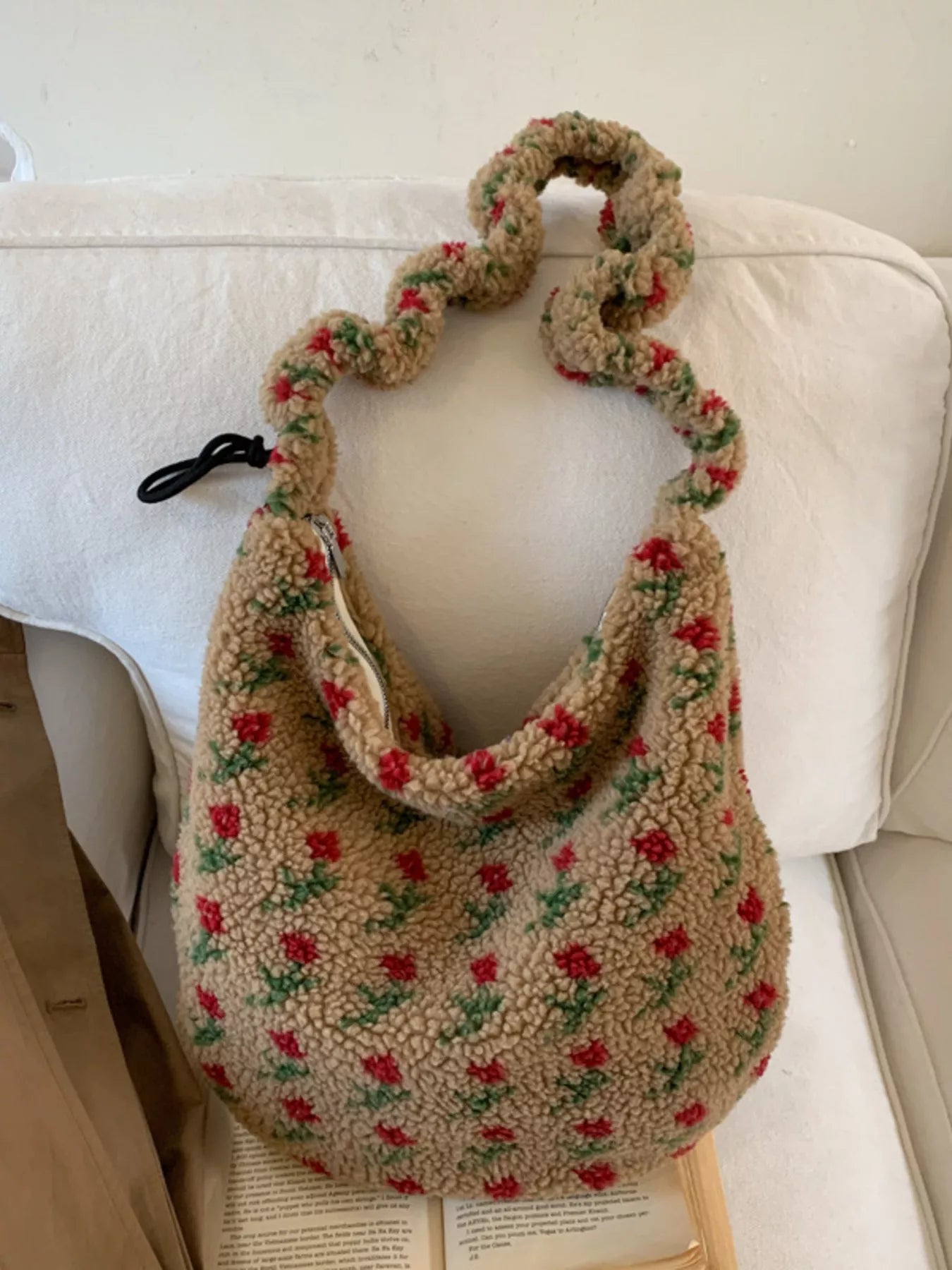 Sarah Express Women's Sherpa Ruched Strap Handbag - Plush Medium Shoulder Bag