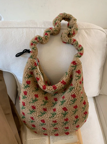 Sarah Express Women's Sherpa Ruched Strap Handbag - Plush Medium Shoulder Bag