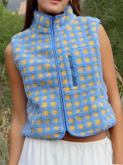 Sarah Express Women's Plaid Zip Up Vest Coat with Pockets - Sleeveless Outerwear Jacket Blue