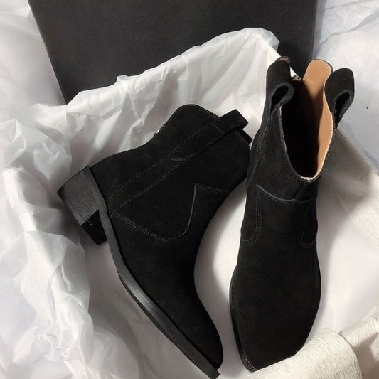 Sarah Express Women's Chunky Heel Ankle Boots – Slip-On Mid-Calf Block Heel Boots