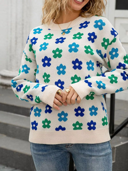 Sarah Express Women's Floral Crew Neck Sweater - Acrylic Knit Pullover