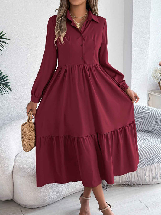 Sarah Express Women's Lapel Ruffled Shirt Dress - Long Sleeve Casual Blouse Dress