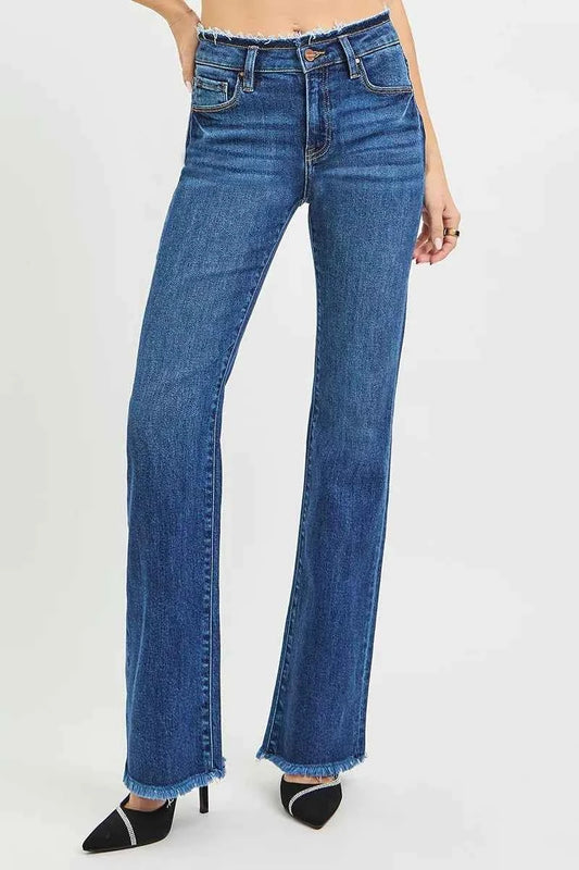 Sarah Express Women's Mid Rise Bootcut Jeans with Frayed Waistband & Hem Detail - Plus Size