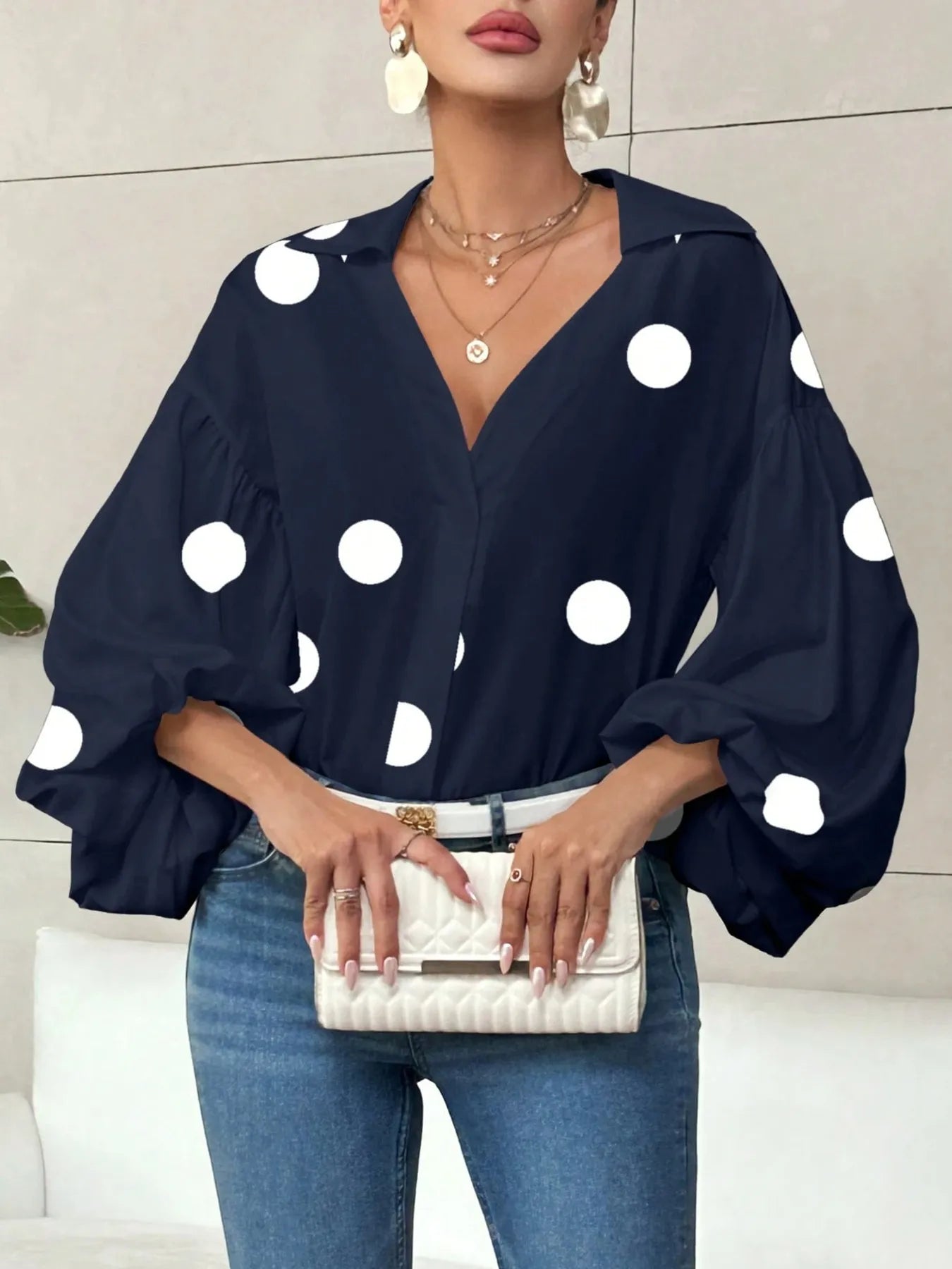 Sarah Express Women's Polka Dot Balloon Sleeve Blouse - Oversized Button-Up Top Navy Blue Polka Dots