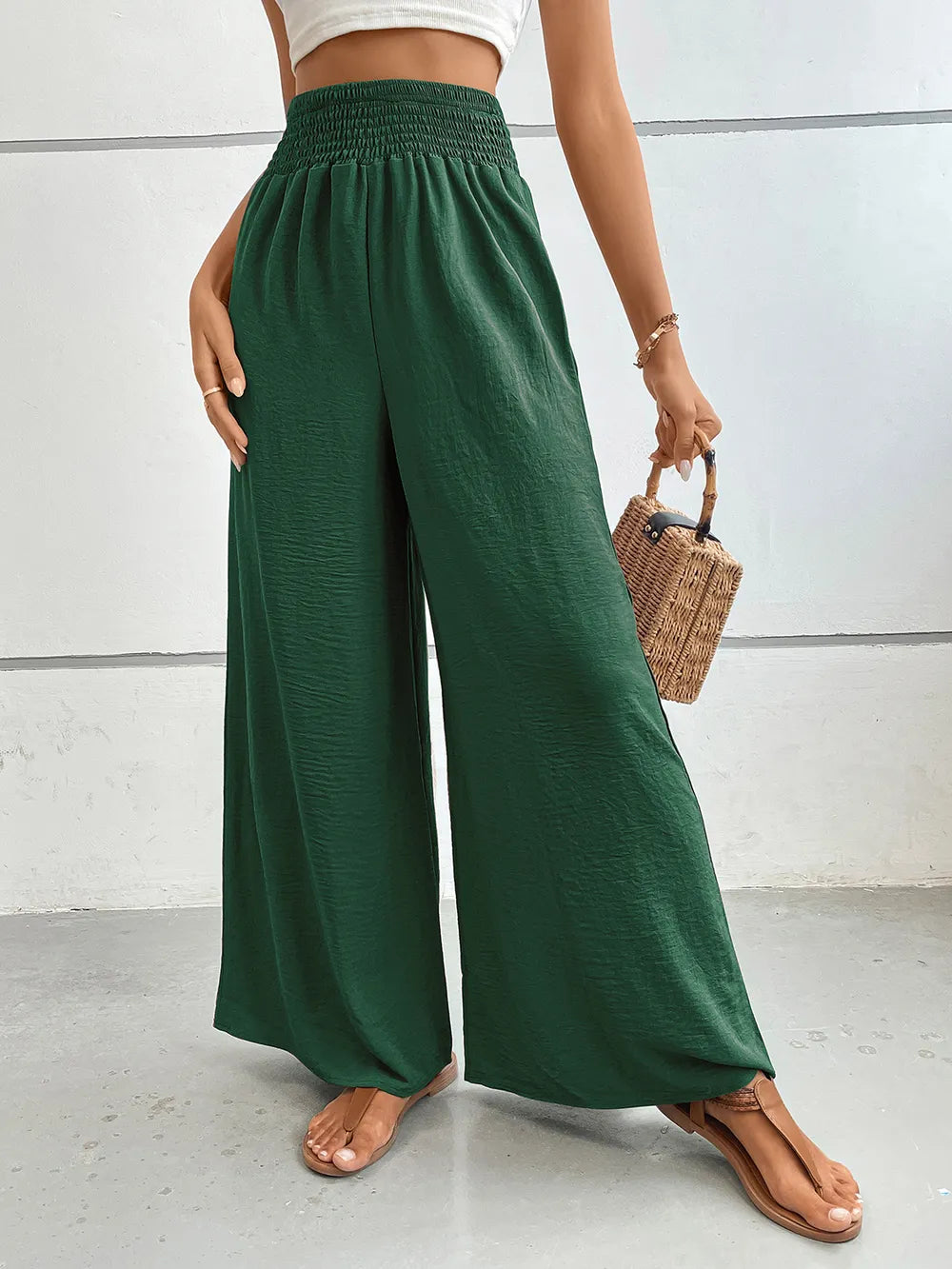 Sarah Express Women's Wide Leg Pants with Pockets - Perfee Dark Green