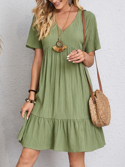 Sarah Express Women's V-Neck Ruffled Summer Dress - Casual Loose Beach Dress with Short Sleeves Green