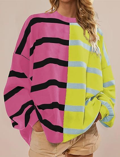 Sarah Express Women's Striped Knit Sweater Long Sleeve Pullover Loose Fit Acrylic