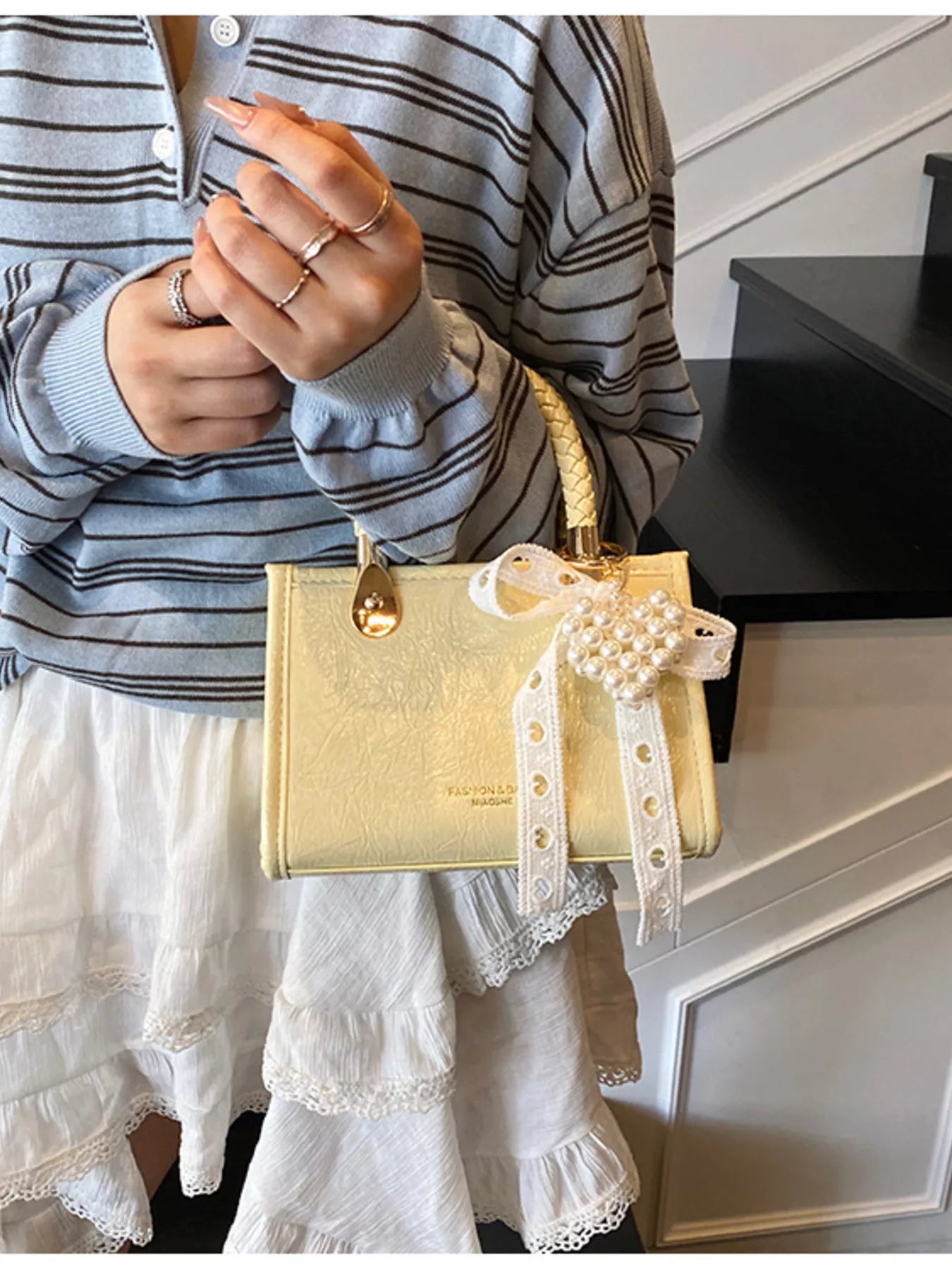 Sarah Express Women's Mini Crossbody Bag with Pearl Decor & Braided Handle Yellow ONESIZE