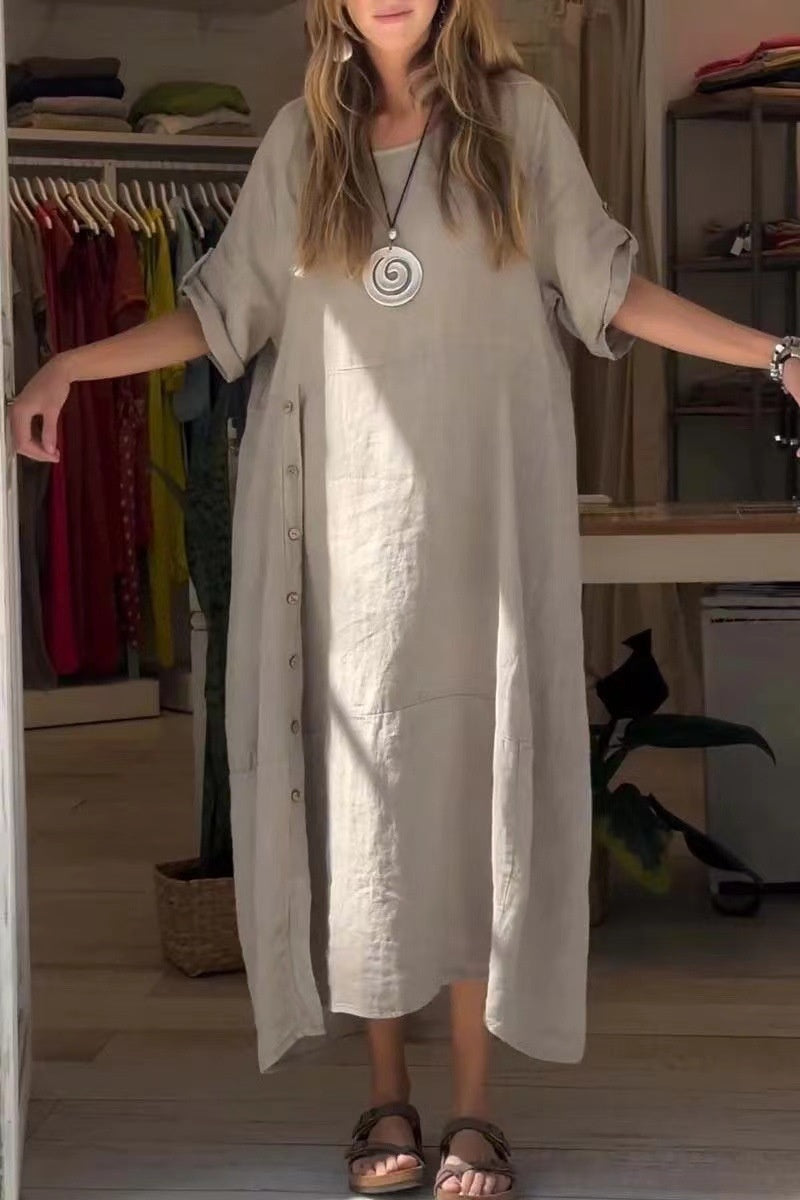 Sarah Express Women's Loose Cotton Linen Maxi Dress Short Sleeve Casual Relaxed Fit