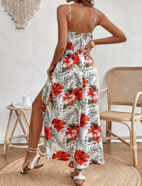 Sarah Express Women's Printed V Neck Midi Dress Lace Detail High Slit Sleeveless