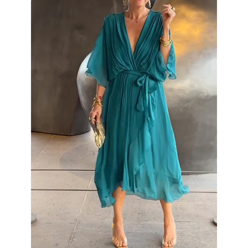 Sarah Express Women's Batwing Sleeve V-Neck Dress Summer Tie Detail Irregular Hem Mid-Length Fairy Dress