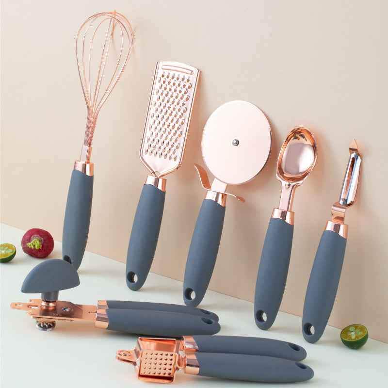 Sarah Express Rose Gold Kitchen Peeler & Utensil Set - 7 Piece Stainless Steel Cookware Tools Grey