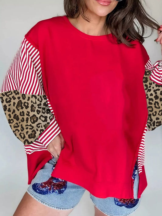 Sarah Express Women's Striped Patchwork Sleeve Colorblock Sweatshirt Scarlet