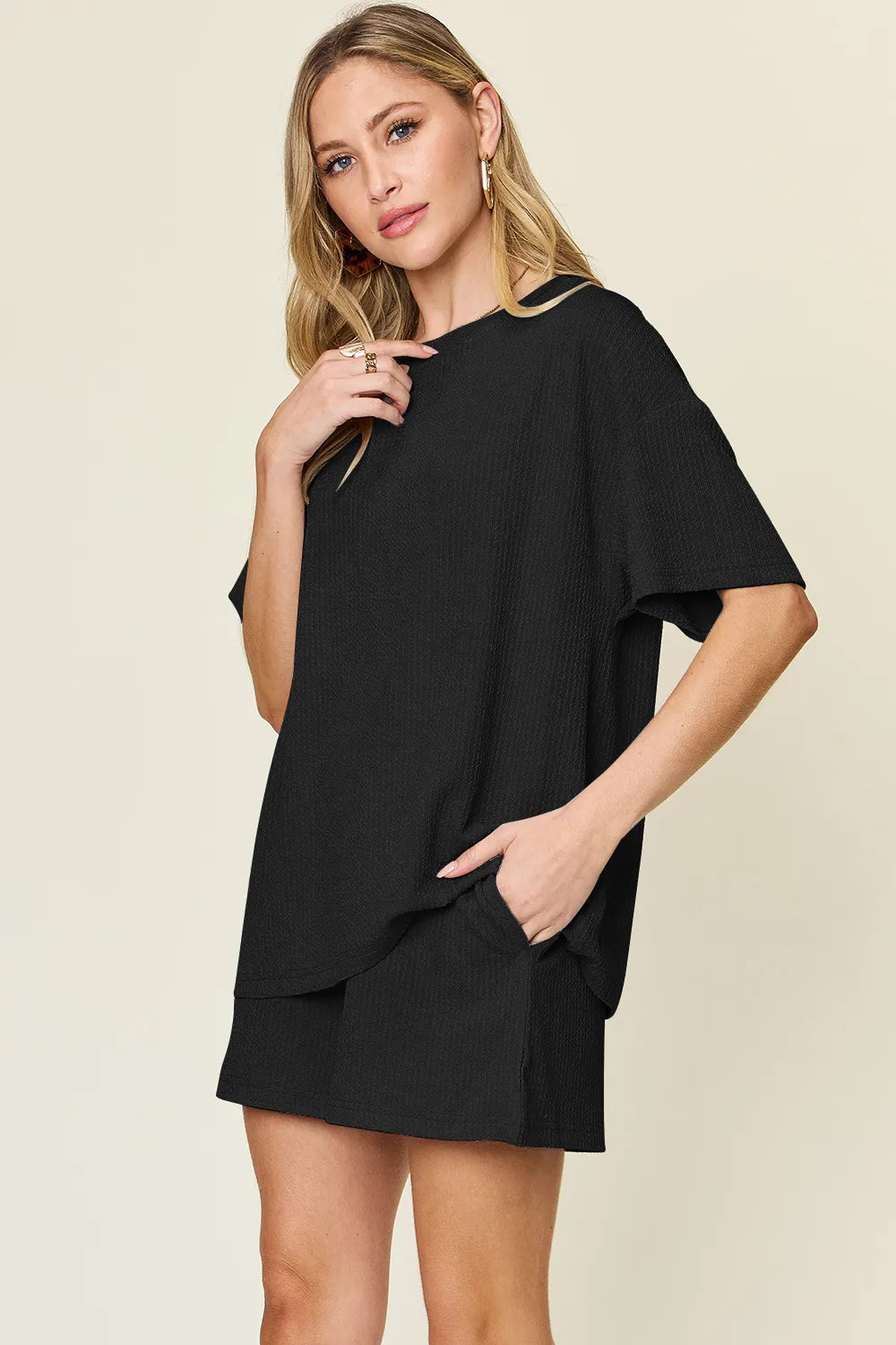 Sarah Express Women's Round Neck Solid Two-Piece Set - Basic Style Loungewear