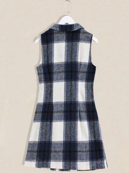 Sarah Express Women's Plaid Double-Breasted Sleeveless Blazer Dress
