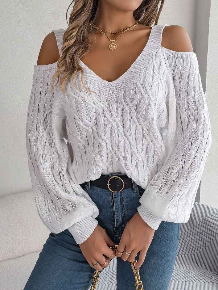 Sarah Express Women's Off-Shoulder Cable Knit Sweater - Casual Lantern Sleeve Pullover