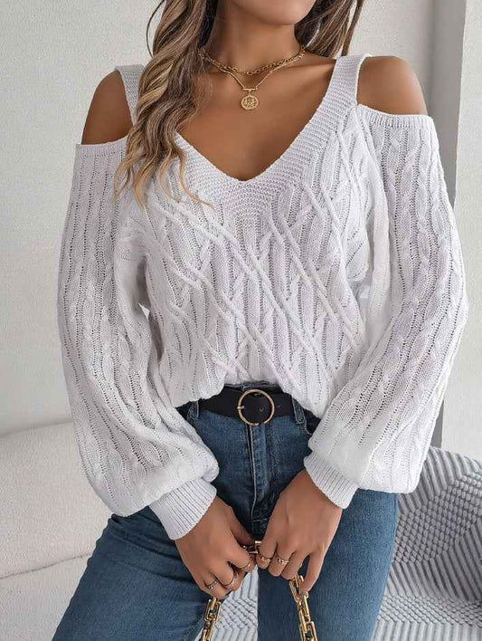 Sarah Express Women's Off-Shoulder Cable Knit Sweater - Casual Lantern Sleeve Pullover