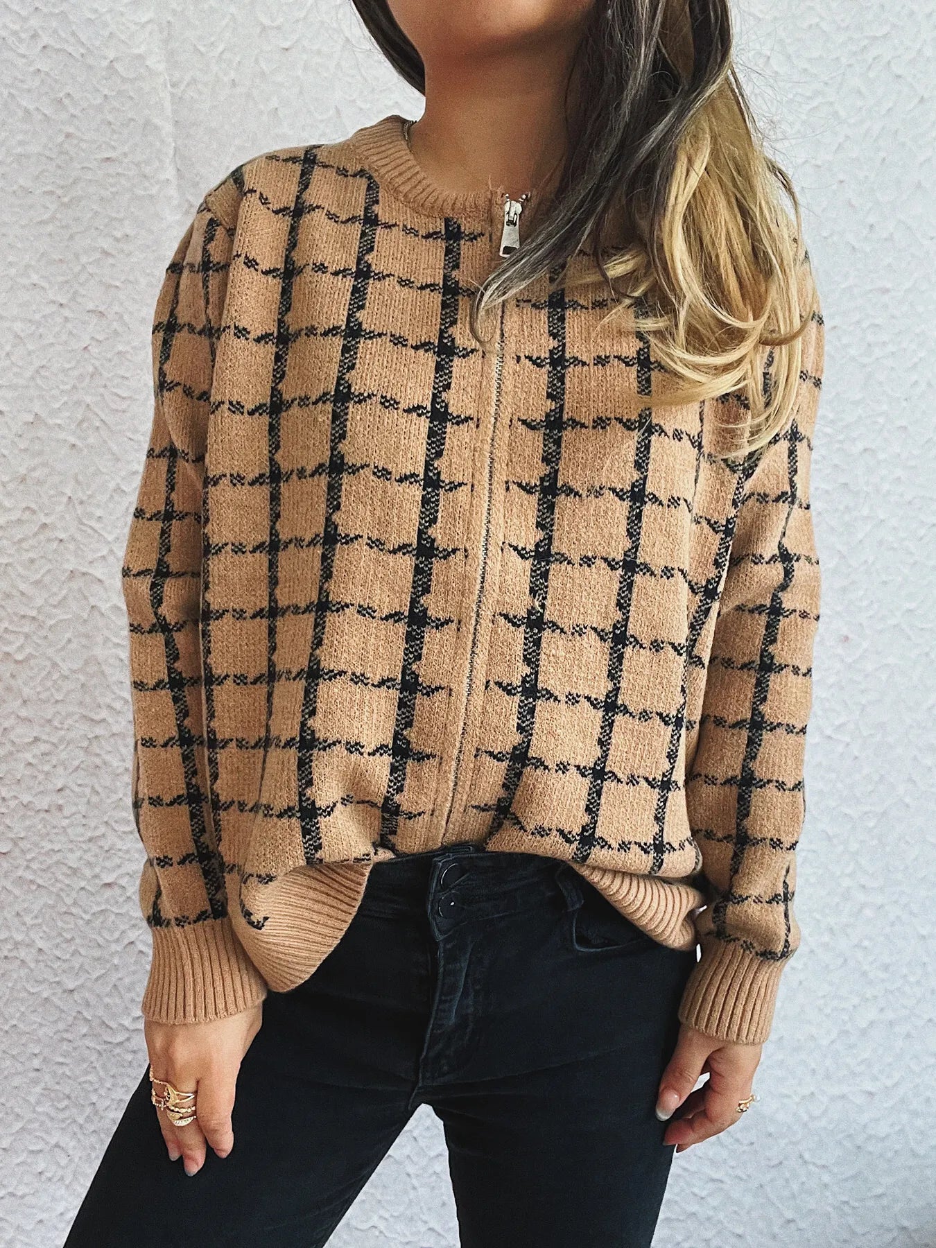 Sarah Express Women's Plaid Pattern Zip Up Cardigan Khaki One Size