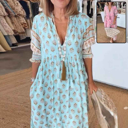 Sarah Express Women's Bohemian Print Maxi Dress - V-Neck Lantern Sleeve Beach Dress
